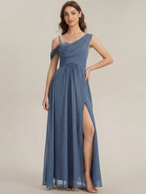 Load image into Gallery viewer, Color=Dusty blue | Wholesale Short Sleeves Asymmetrical Sequin A-Line Floor Length Bridesmaid Dresses 1