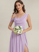 Load image into Gallery viewer, Color=Frosted Lilac | Wholesale Short Sleeves Asymmetrical Sequin A-Line Floor Length Bridesmaid Dresses 5