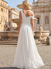 Load image into Gallery viewer, Color=White | Wholesale Short Sleeves Asymmetrical Sequin A-Line Floor Length Bridesmaid Dresses 7