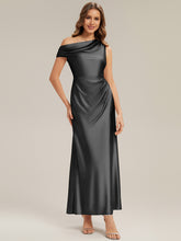 Load image into Gallery viewer, Color=Black | B2B-Exclusive Short Sleeve One Shoulder High Stretch Sheath Maxi Bridesmaid Dresses-Black 4