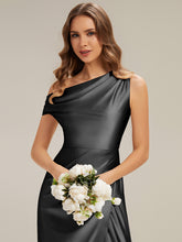 Load image into Gallery viewer, Color=Black | B2B-Exclusive Short Sleeve One Shoulder High Stretch Sheath Maxi Bridesmaid Dresses-Black 3