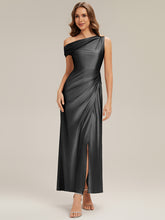 Load image into Gallery viewer, Color=Black | B2B-Exclusive Short Sleeve One Shoulder High Stretch Sheath Maxi Bridesmaid Dresses-Black 1