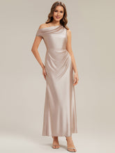 Load image into Gallery viewer, Color=Champagne | B2B-Exclusive Short Sleeve Asymmetrical High Stretch Sheath Dress with Thigh-High Slit Bridesmaid Dresses-Champagne 4