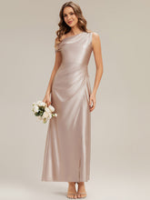Load image into Gallery viewer, Color=Champagne | B2B-Exclusive Short Sleeve Asymmetrical High Stretch Sheath Dress with Thigh-High Slit Bridesmaid Dresses-Champagne 5