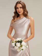 Load image into Gallery viewer, Color=Champagne | B2B-Exclusive Short Sleeve Asymmetrical High Stretch Sheath Dress with Thigh-High Slit Bridesmaid Dresses-Champagne 3