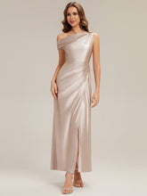 Load image into Gallery viewer, Color=Champagne | B2B-Exclusive Short Sleeve Asymmetrical High Stretch Sheath Dress with Thigh-High Slit Bridesmaid Dresses-Champagne 1