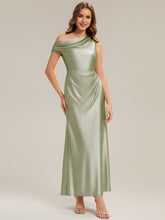 Load image into Gallery viewer, Color=Sage Green | Wholesale Short Sleeve Asymmetrical High Stretch Sheath Dress with Thigh-High Slit Bridesmaid Dresses-Sage Green 4