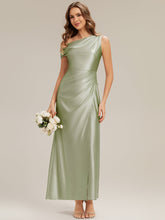 Load image into Gallery viewer, Color=Sage Green | Wholesale Short Sleeve Asymmetrical High Stretch Sheath Dress with Thigh-High Slit Bridesmaid Dresses-Sage Green 5