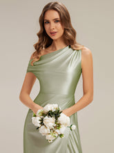 Load image into Gallery viewer, Color=Sage Green | Wholesale Short Sleeve Asymmetrical High Stretch Sheath Dress with Thigh-High Slit Bridesmaid Dresses-Sage Green 3