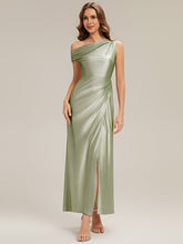 Load image into Gallery viewer, Color=Sage Green | Wholesale Short Sleeve Asymmetrical High Stretch Sheath Dress with Thigh-High Slit Bridesmaid Dresses-Sage Green 1
