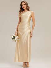 Load image into Gallery viewer, Color=Yellow | Wholesale Short Sleeve Asymmetrical High Stretch Sheath Dress with Thigh-High Slit Bridesmaid Dresses-Yellow 10