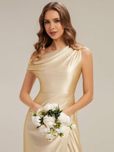 Load image into Gallery viewer, Color=Yellow | Wholesale Short Sleeve Asymmetrical High Stretch Sheath Dress with Thigh-High Slit Bridesmaid Dresses-Yellow 8