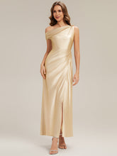 Load image into Gallery viewer, Color=Yellow | Wholesale Short Sleeve Asymmetrical High Stretch Sheath Dress with Thigh-High Slit Bridesmaid Dresses-Yellow 6