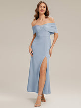 Load image into Gallery viewer, Color=Ice Blue | Bulk Order Short Sleeve High Stretch Sheath Strapless Floor Length Dress with Slit &amp; Bowknot Bridesmaid Dresses-Ice Blue 3