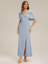 Load image into Gallery viewer, Color=Ice Blue | Bulk Order Short Sleeve High Stretch Sheath Strapless Floor Length Dress with Slit &amp; Bowknot Bridesmaid Dresses-Ice Blue 1