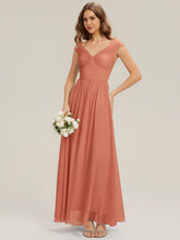 Load image into Gallery viewer, Color=Coral Pink | Commercial Wholesale Sleeveless Off Shoulder Deep V-Neck Pleated A-Line Floor Length Bridesmaid Dresses-Coral Pink 4