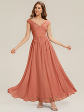 Load image into Gallery viewer, Color=Coral Pink | Commercial Wholesale Sleeveless Off Shoulder Deep V-Neck Pleated A-Line Floor Length Bridesmaid Dresses-Coral Pink 1