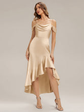 Load image into Gallery viewer, Color=Champagne | B2B-Exclusive Short Sleeve Cowl Neck Fishtail High-Low Bridesmaid Dresses-Champagne 4
