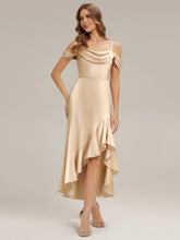 Load image into Gallery viewer, Color=Champagne | B2B-Exclusive Short Sleeve Cowl Neck Fishtail High-Low Bridesmaid Dresses-Champagne 5