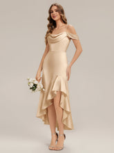 Load image into Gallery viewer, Color=Champagne | B2B-Exclusive Short Sleeve Cowl Neck Fishtail High-Low Bridesmaid Dresses-Champagne 1