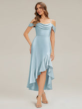 Load image into Gallery viewer, Color=Ice Blue | B2B-Exclusive Short Sleeve Cowl Neck Fishtail High-Low Bridesmaid Dresses-Ice Blue 10