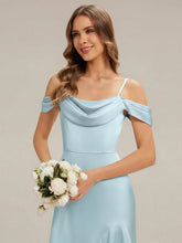 Load image into Gallery viewer, Color=Ice Blue | B2B-Exclusive Short Sleeve Cowl Neck Fishtail High-Low Bridesmaid Dresses-Ice Blue 8