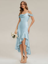 Load image into Gallery viewer, Color=Ice Blue | B2B-Exclusive Short Sleeve Cowl Neck Fishtail High-Low Bridesmaid Dresses-Ice Blue 6