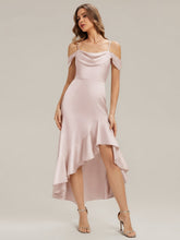 Load image into Gallery viewer, Color=Pink | B2B-Exclusive Short Sleeve Cowl Neck Fishtail High-Low Bridesmaid Dresses-Pink 14