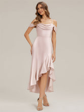 Load image into Gallery viewer, Color=Pink | B2B-Exclusive Short Sleeve Cowl Neck Fishtail High-Low Bridesmaid Dresses-Pink 15