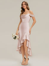 Load image into Gallery viewer, Color=Pink | B2B-Exclusive Short Sleeve Cowl Neck Fishtail High-Low Bridesmaid Dresses-Pink 11