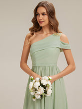 Load image into Gallery viewer, Color=Mint Green | Volume Discounts Short Sleeve Asymmetrical Non-Stretch A-Line Floor Length Bridesmaid Dresses-Mint Green 8