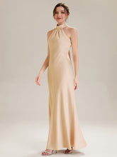 Load image into Gallery viewer, Color=Champagne | Wholesale Pricing Sleeveless Halter Neck Fishtail Floor Length Dress with Thigh-High Slit, Bridesmaid Dresses-Champagne 4