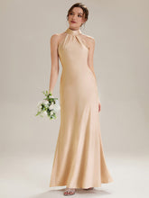 Load image into Gallery viewer, Color=Champagne | Wholesale Pricing Sleeveless Halter Neck Fishtail Floor Length Dress with Thigh-High Slit, Bridesmaid Dresses-Champagne 5
