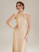 Load image into Gallery viewer, Color=Champagne | Wholesale Pricing Sleeveless Halter Neck Fishtail Floor Length Dress with Thigh-High Slit, Bridesmaid Dresses-Champagne 3