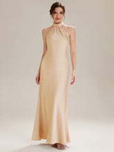 Load image into Gallery viewer, Color=Champagne | Wholesale Pricing Sleeveless Halter Neck Fishtail Floor Length Dress with Thigh-High Slit, Bridesmaid Dresses-Champagne 1