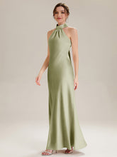 Load image into Gallery viewer, Color=Sage Green | Wholesale Pricing Sleeveless Halter Neck Fishtail Floor Length Dress with Thigh-High Slit, Bridesmaid Dresses-Sage Green 19