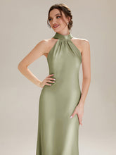 Load image into Gallery viewer, Color=Sage Green | Wholesale Pricing Sleeveless Halter Neck Fishtail Floor Length Dress with Thigh-High Slit, Bridesmaid Dresses-Sage Green 18