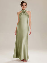 Load image into Gallery viewer, Color=Sage Green | Wholesale Pricing Sleeveless Halter Neck Fishtail Floor Length Dress with Thigh-High Slit, Bridesmaid Dresses-Sage Green 16