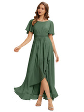 Load image into Gallery viewer, Color=Eucalyptus | Commercial Wholesale Short Sleeve Ruffled Round Neck High-Low Asymmetrical Bridesmaid Dresses 2