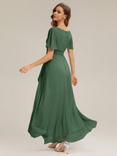 Load image into Gallery viewer, Color=Eucalyptus | Commercial Wholesale Short Sleeve Ruffled Round Neck High-Low Asymmetrical Bridesmaid Dresses 3