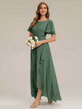 Load image into Gallery viewer, Color=Eucalyptus | Commercial Wholesale Short Sleeve Ruffled Round Neck High-Low Asymmetrical Bridesmaid Dresses 4