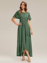 Load image into Gallery viewer, Color=Eucalyptus | Commercial Wholesale Short Sleeve Ruffled Round Neck High-Low Asymmetrical Bridesmaid Dresses 5