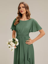 Load image into Gallery viewer, Color=Eucalyptus | Commercial Wholesale Short Sleeve Ruffled Round Neck High-Low Asymmetrical Bridesmaid Dresses 6