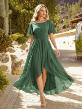 Load image into Gallery viewer, Color=Eucalyptus | Commercial Wholesale Short Sleeve Ruffled Round Neck High-Low Asymmetrical Bridesmaid Dresses 7