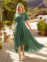 Load image into Gallery viewer, Color=Eucalyptus | Commercial Wholesale Short Sleeve Ruffled Round Neck High-Low Asymmetrical Bridesmaid Dresses 8