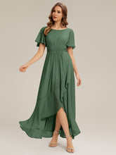 Load image into Gallery viewer, Color=Eucalyptus | Commercial Wholesale Short Sleeve Ruffled Round Neck High-Low Asymmetrical Bridesmaid Dresses 1
