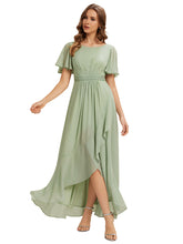 Load image into Gallery viewer, Color=Mint Green | Commercial Wholesale Short Sleeve Ruffled Round Neck High-Low Asymmetrical Bridesmaid Dresses 2