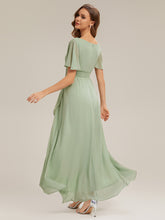 Load image into Gallery viewer, Color=Mint Green | Commercial Wholesale Short Sleeve Ruffled Round Neck High-Low Asymmetrical Bridesmaid Dresses 3