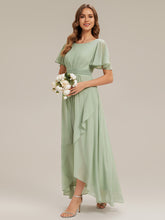 Load image into Gallery viewer, Color=Mint Green | Commercial Wholesale Short Sleeve Ruffled Round Neck High-Low Asymmetrical Bridesmaid Dresses 4