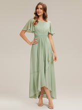 Load image into Gallery viewer, Color=Mint Green | Commercial Wholesale Short Sleeve Ruffled Round Neck High-Low Asymmetrical Bridesmaid Dresses 5